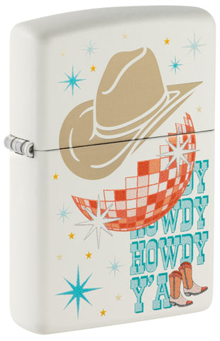 Front shot of ˫ Howdy Cowboy White Matte Windproof Lighter standing at a 3/4 angle.